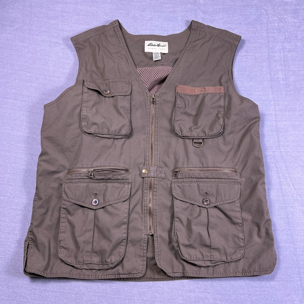 Eddie Bauer Mens XL Utility Fishing Vest Brown Cotton Multi-Pocket Mesh Lined